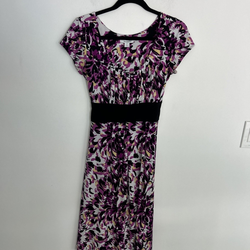 Dress Barn Sz 6 Short Sleeve Purple Black Floral Black Tie Back Flare Fun Dress - Picture 1 of 9